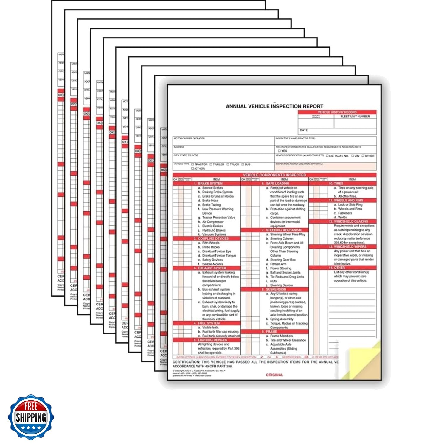 J. J. Keller 10-Pack, Annual Vehicle Inspection Report Forms, 3-Ply Carbonles…