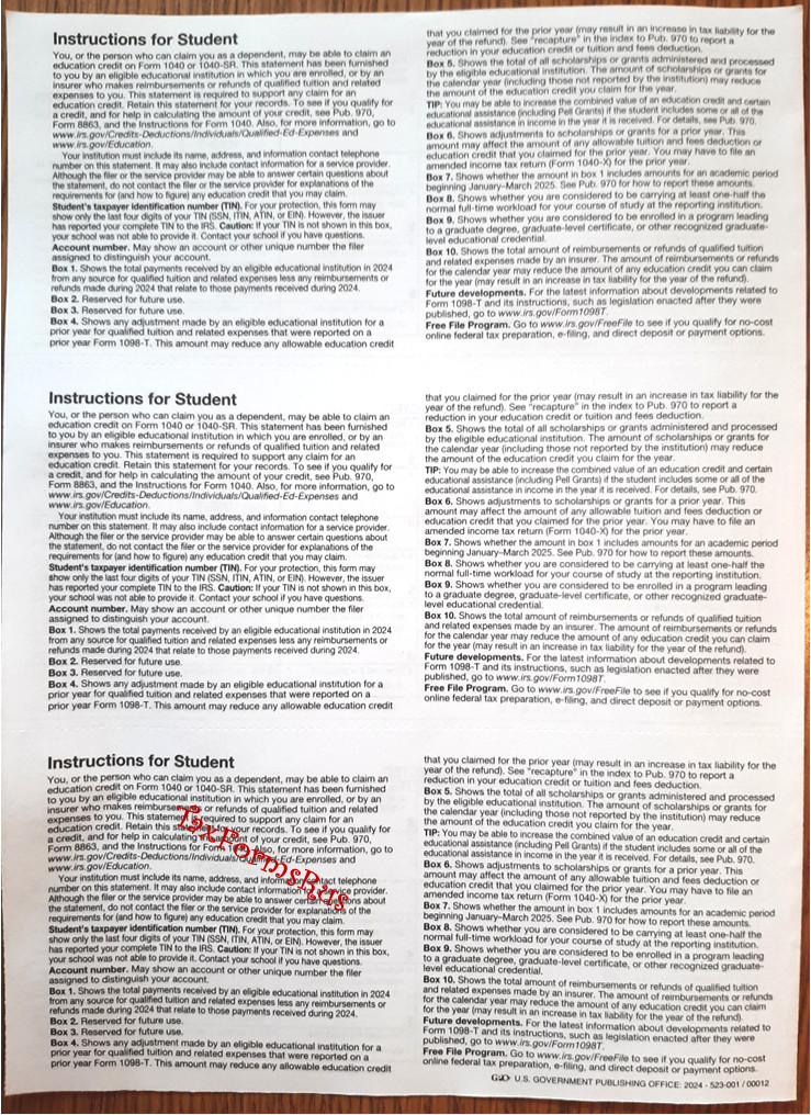 2024 IRS Tax Form 1098-T single sheet set for 3 students, NONcarbonless 2pt, 3up