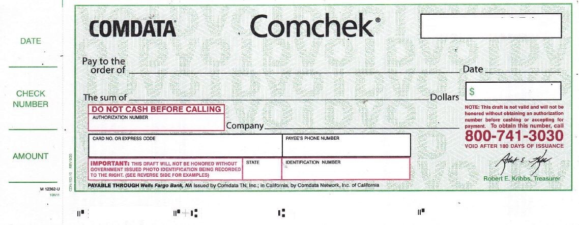 10 Green COMDATA comchecks FREE SHIPPING Comchek