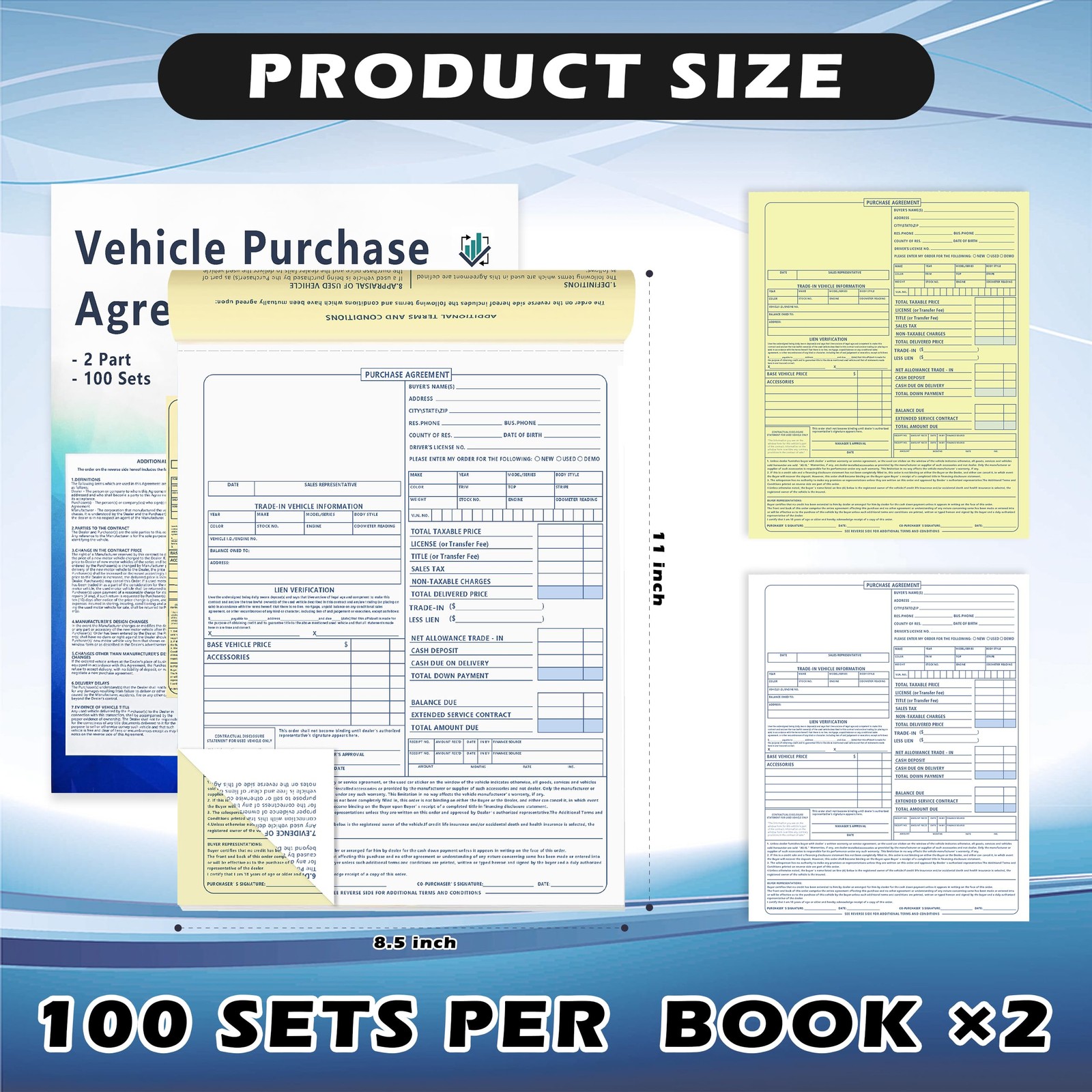 Vehicle Purchase Agreement Forms 2 Part Carbonless Copy Book 8.5 x 11 Blue