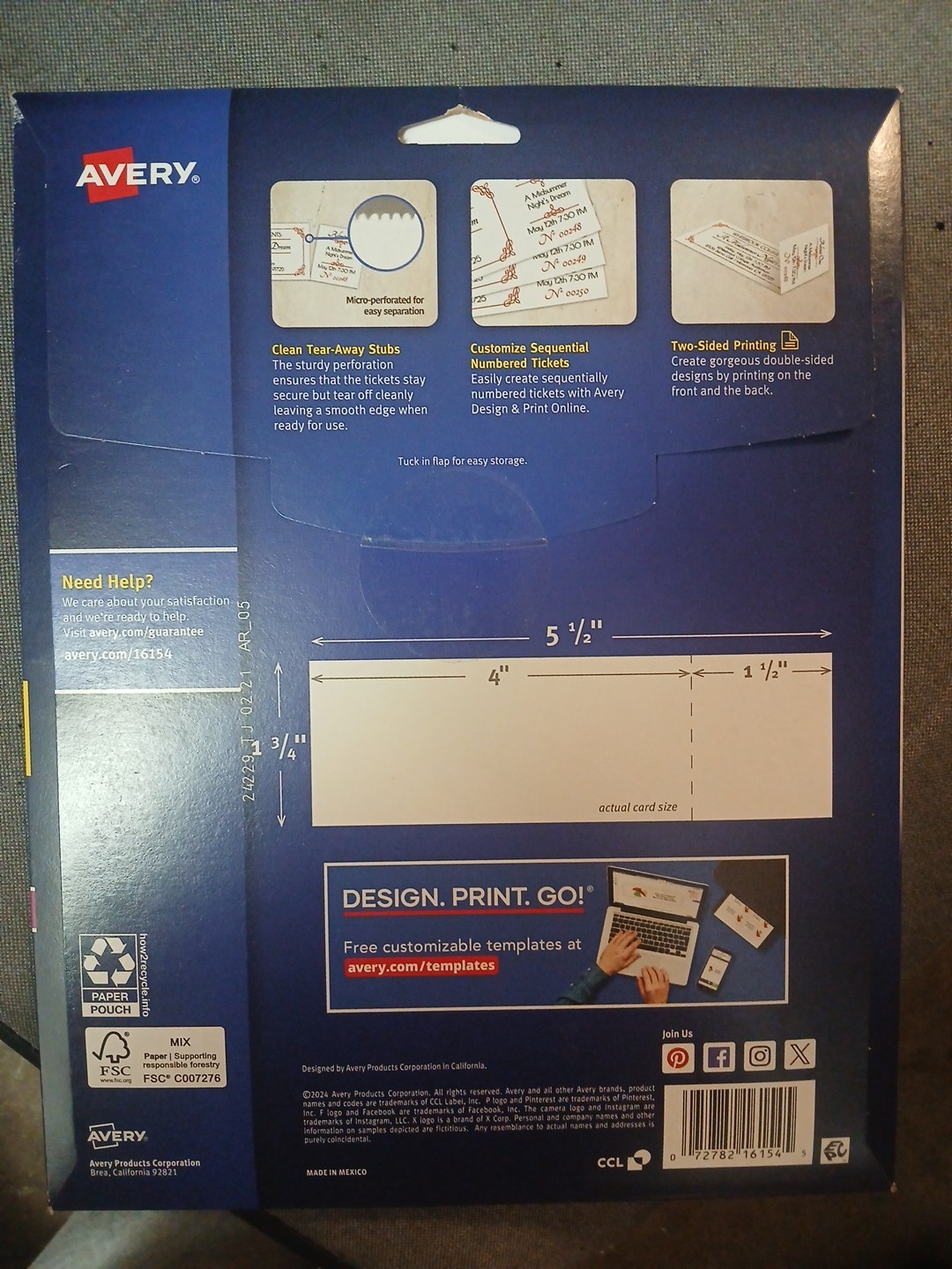 AVERY 16154 MATTE PRINTABLE TICKETS TEAR AWAY STUBS 8.5 x 11 WHITE 200 TICKETS