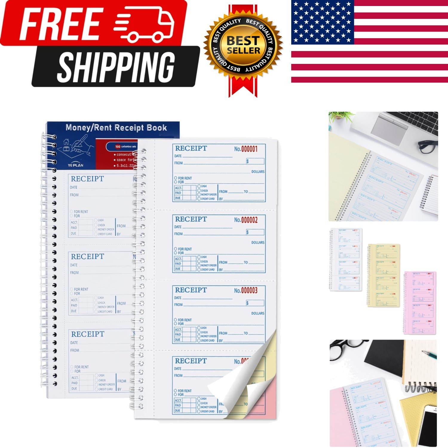 Receipt Books with Carbon Copies,Money and Rent Receipt Book,3-Part Carbonles…