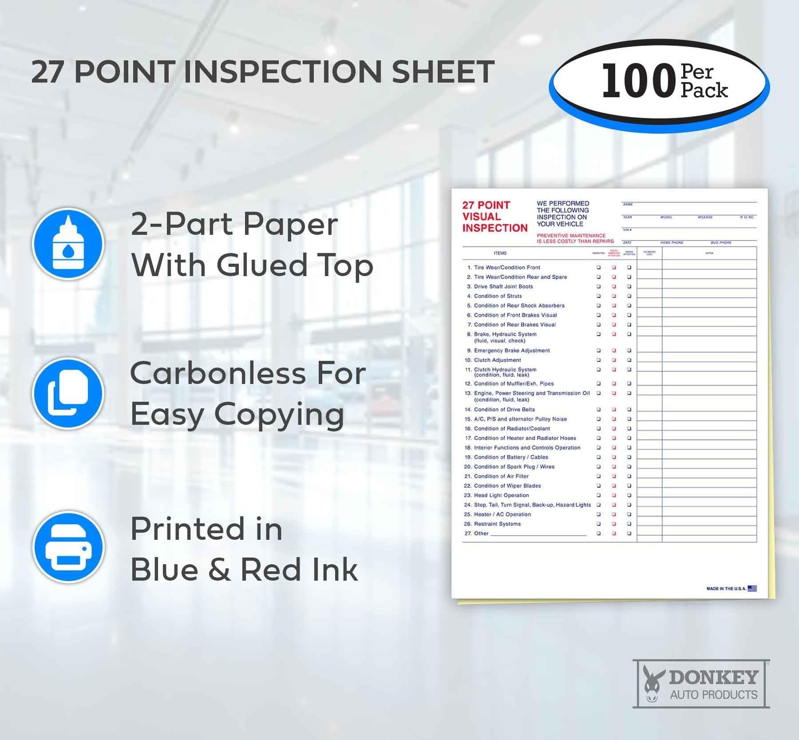 27 Point Inspection Sheet – Vehicle Inspection Form – 100 Pack