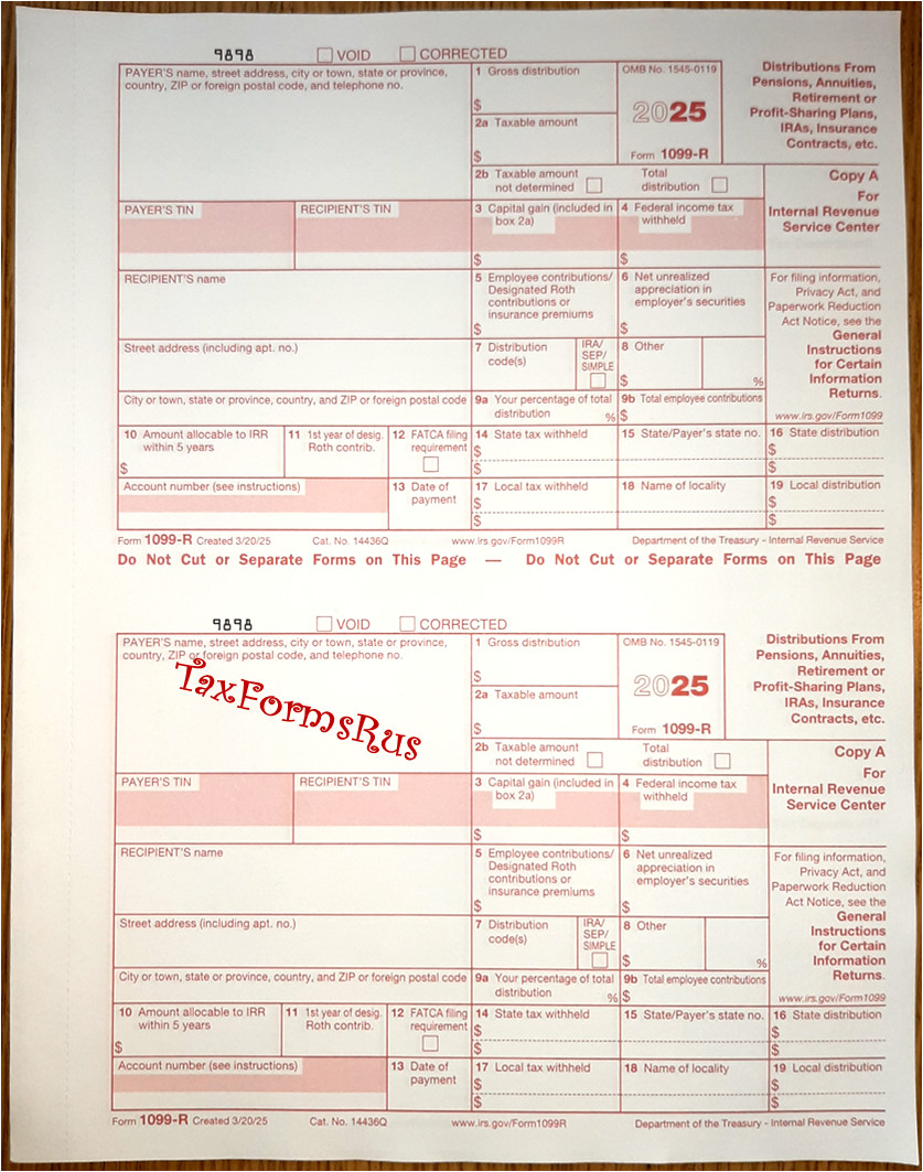 2025 IRS Tax Form 1099-R single sheet set for 2 recipients NONcarbonless 5pt 2up