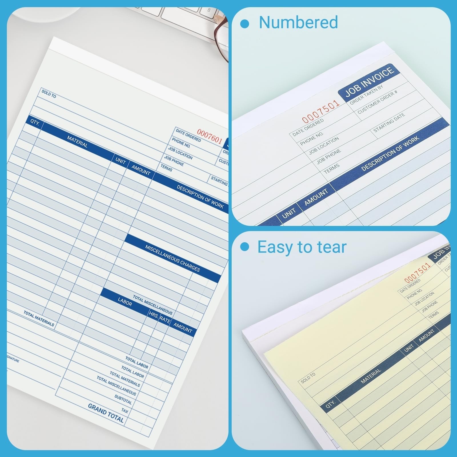 50 Sets Job Invoice Forms – 2 Part Carbonless Work Order Forms 8.5×11