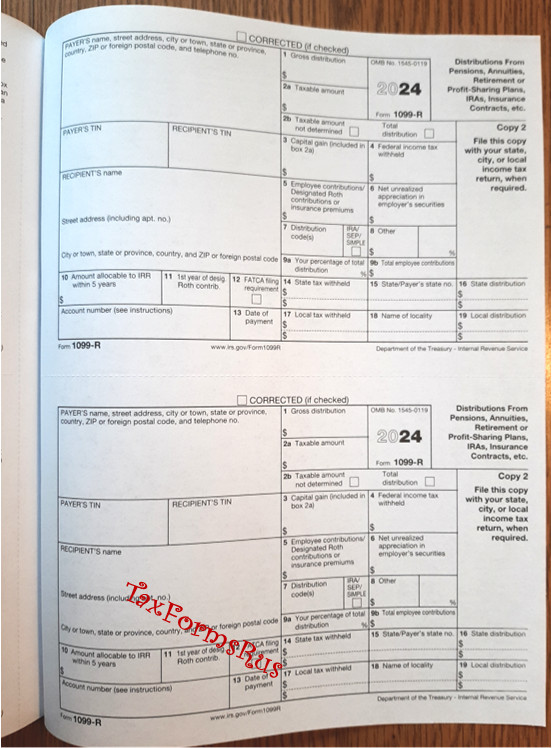 2024 IRS Tax Form 1099-R single sheet set for 2 recipients NONcarbonless 5pt 2up