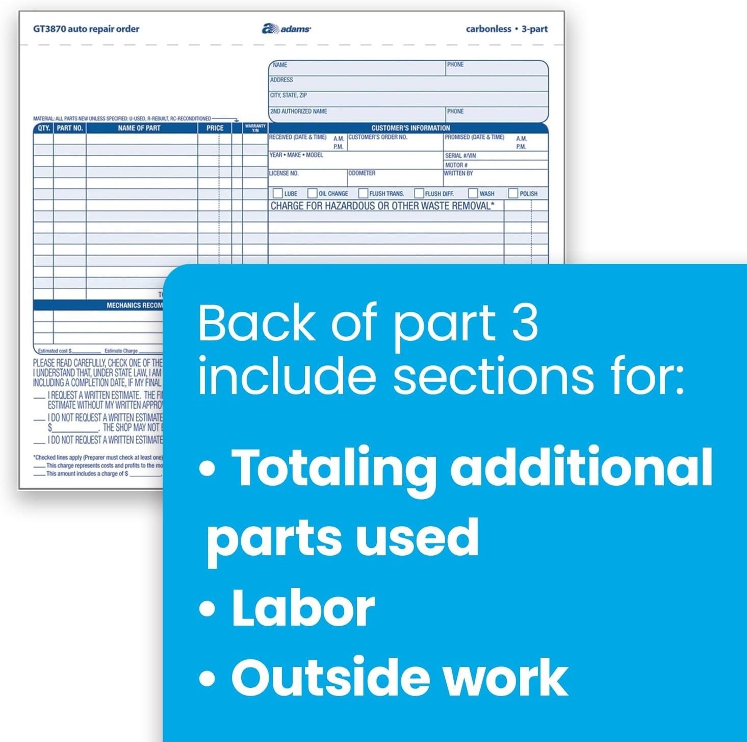 Adams Auto Repair Order Forms 8.5 x 7.44″ 3-Part Carbonless 50-Pack GT3870 New