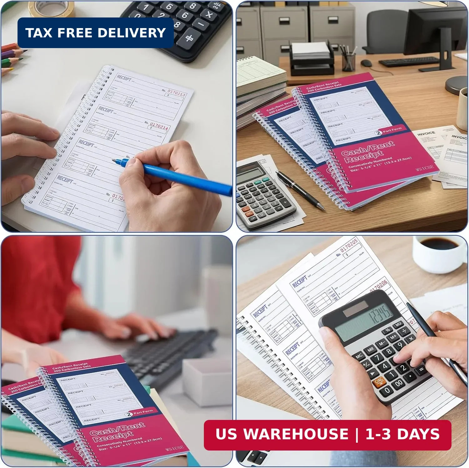 2 Pack Receipt Books with Carbon Copies, Rent Receipt Book, 2-Part Carbonless, 5