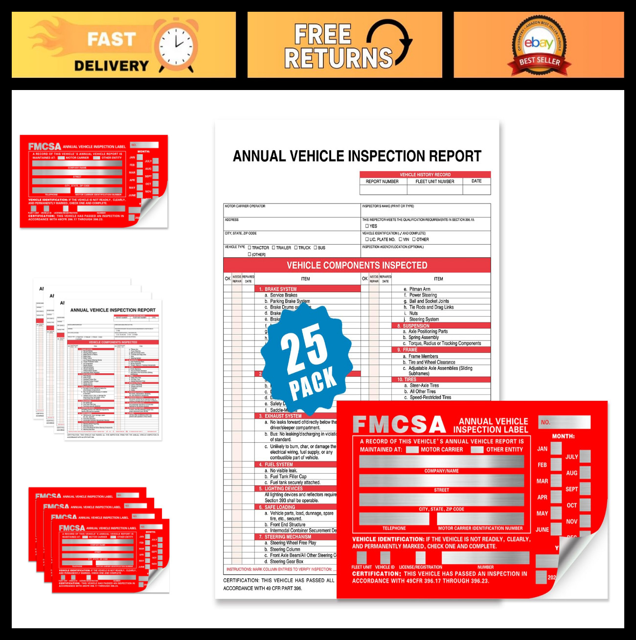 Annual Vehicle Inspection Report Forms 25-Pack, 3-Ply Carbonless, 8.5″x11.75″ +