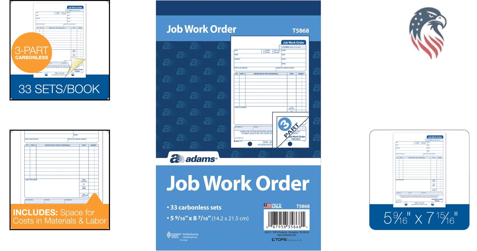 Job Work Order Book Compatible with Repair Orders 33-Set 3-Part Carbonless Wh…