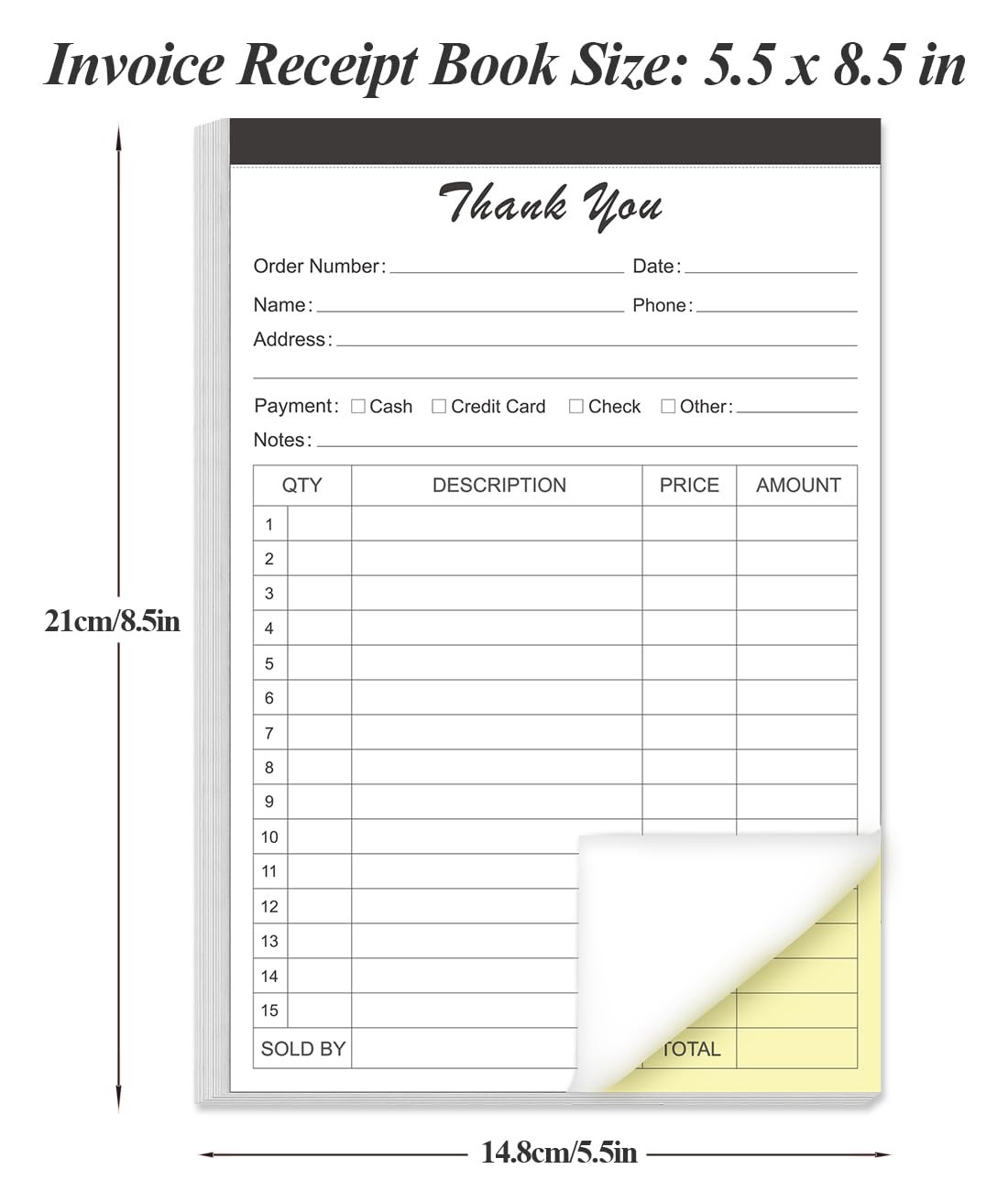 (5-Pack) Thank You Receipt Book – 5.5″ x 8.5″ Cardboard 2-Part Carbonless…