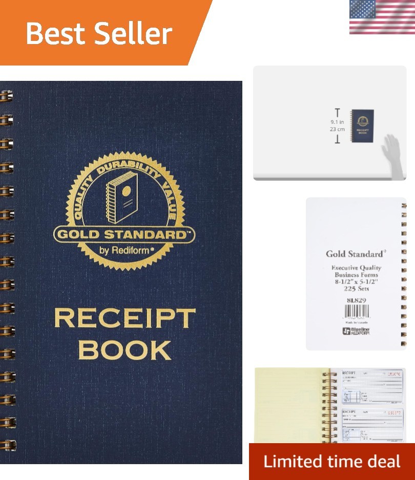 Secure and Stylish 225-Set Carbonless Receipt Book – Gold Twin-Wire Binding