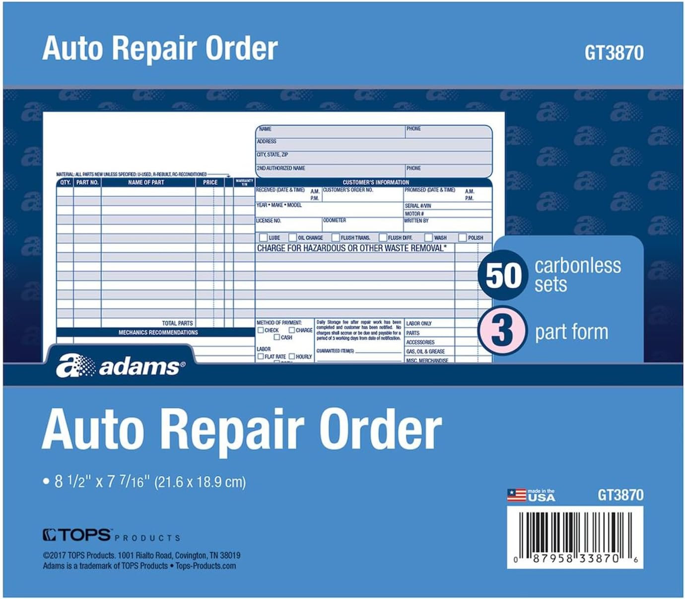 Auto Repair Order Forms, 8.5 X 7.44 Inch, 3-Part, Carbonless, 50-Pack, White and