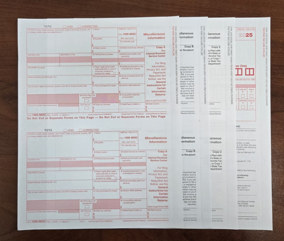 2025 IRS Tax Form 1099 MISC 10 Recipients LASER 3 Pt + (1) 1096 – No Envelopes