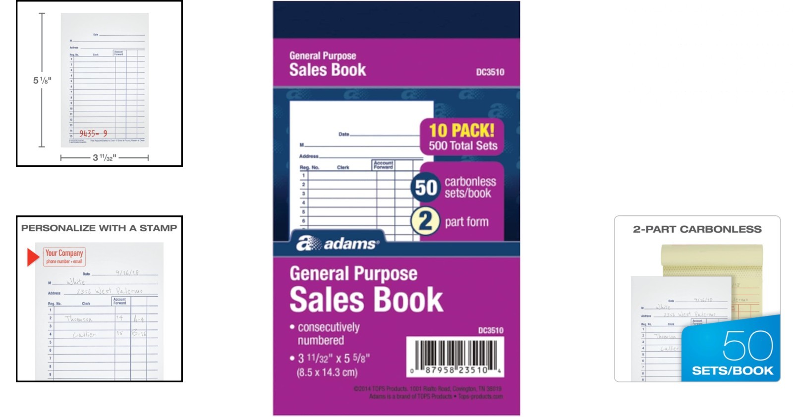 General Purpose Sales Book, 2-Part, Carbonless, White/Canary, 3-11/32 x 5-5/8…