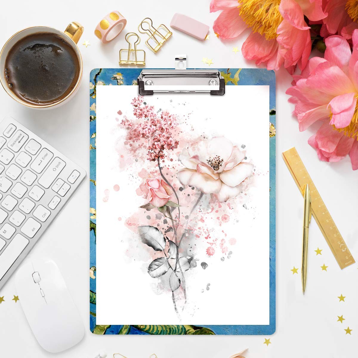 WAVEYU Green Flowers Hardboard Clipboard for Women, Letter Flower 02