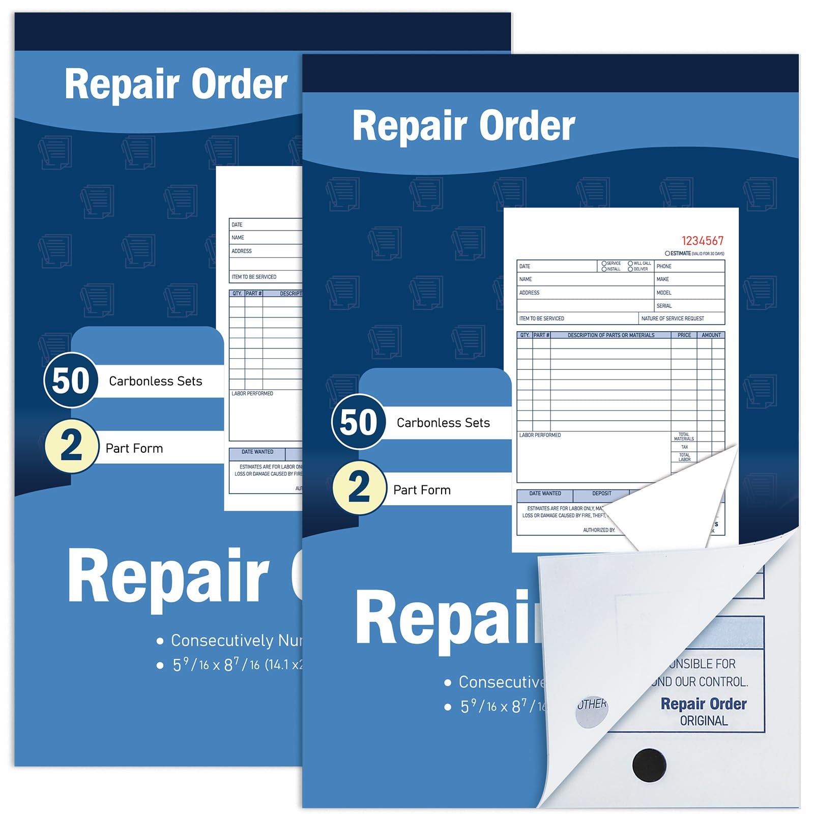 2 Pad Repair Order Book 2 Part Carbonless Receipt Books Consecutively Numbere…