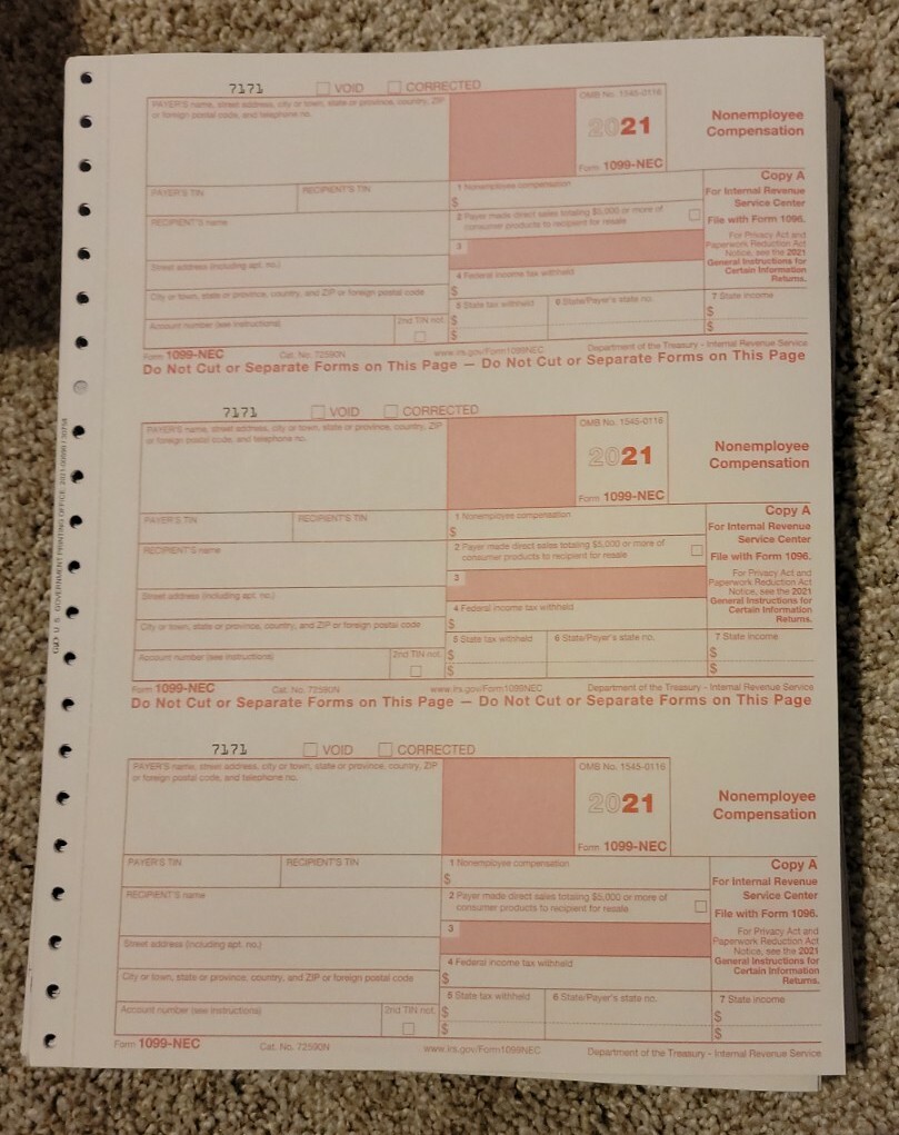 2021 1099 NEC – (1) For 3 Recipients – 5-Part