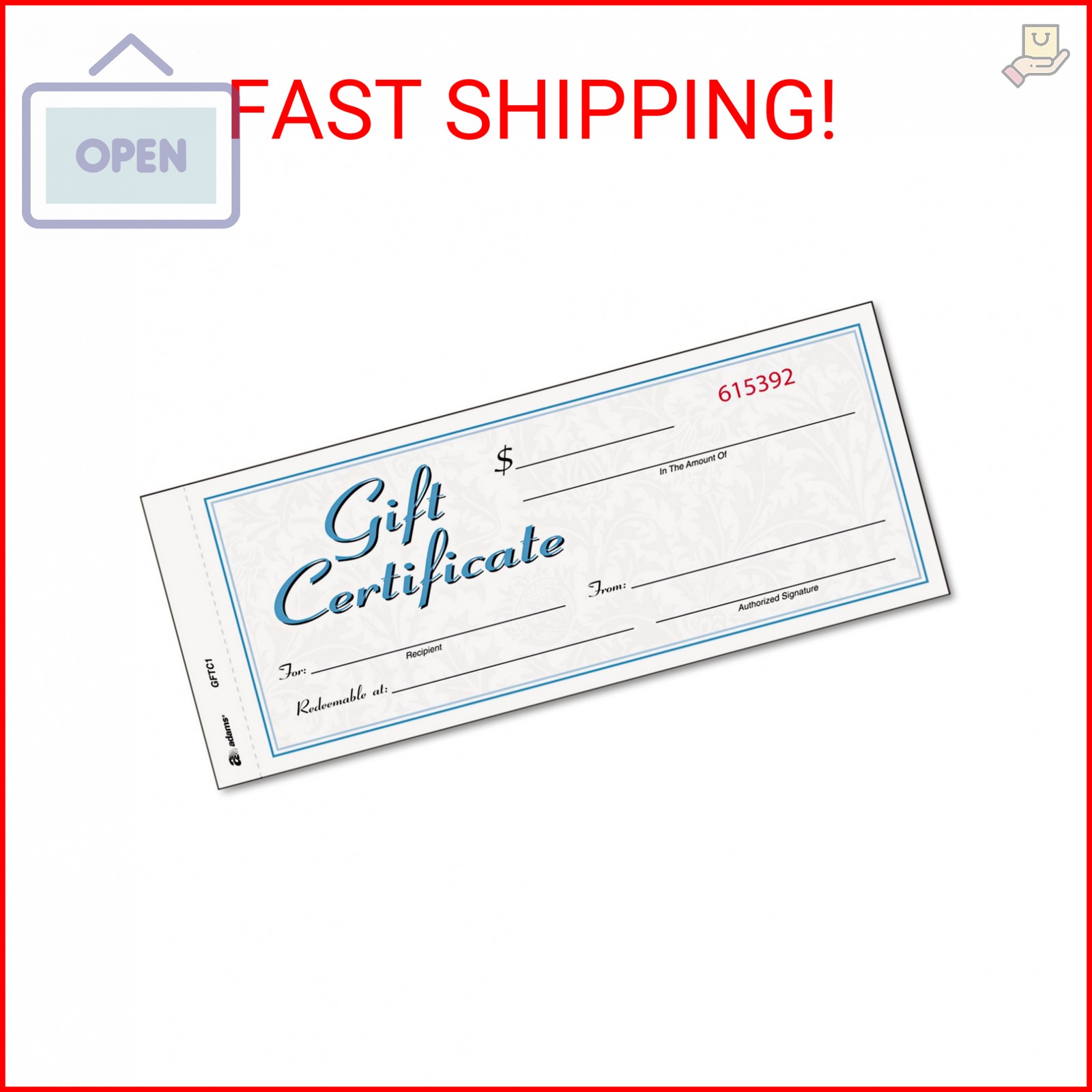 Adams Gift Certificate Book, Carbonless, Single Paper, 3.4 x 8 Inches, White/Can