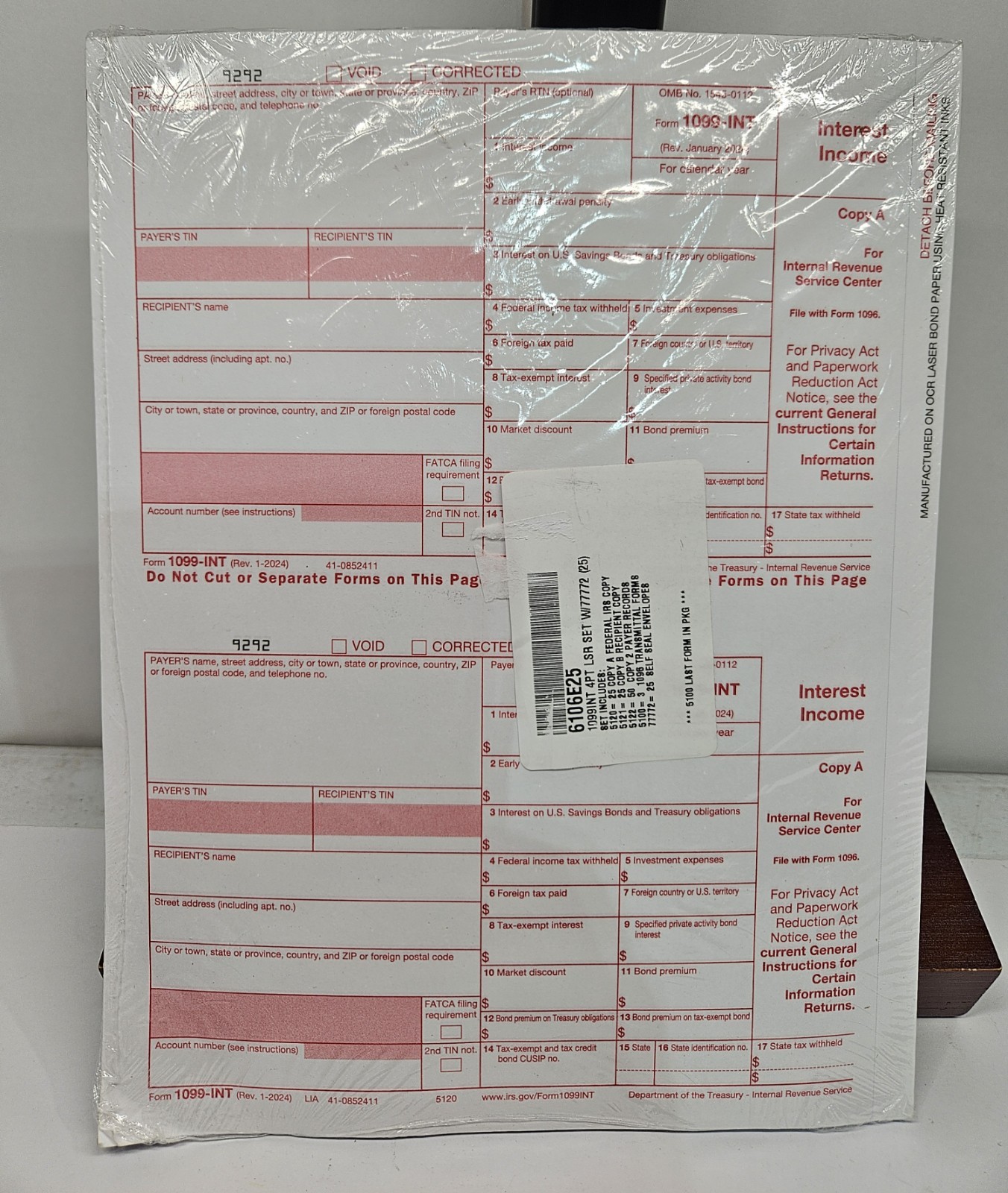 2024 1099INT 4PT LSR Set w/Sealed Envelopes – 2 Payer Records – 25 Sheet Set