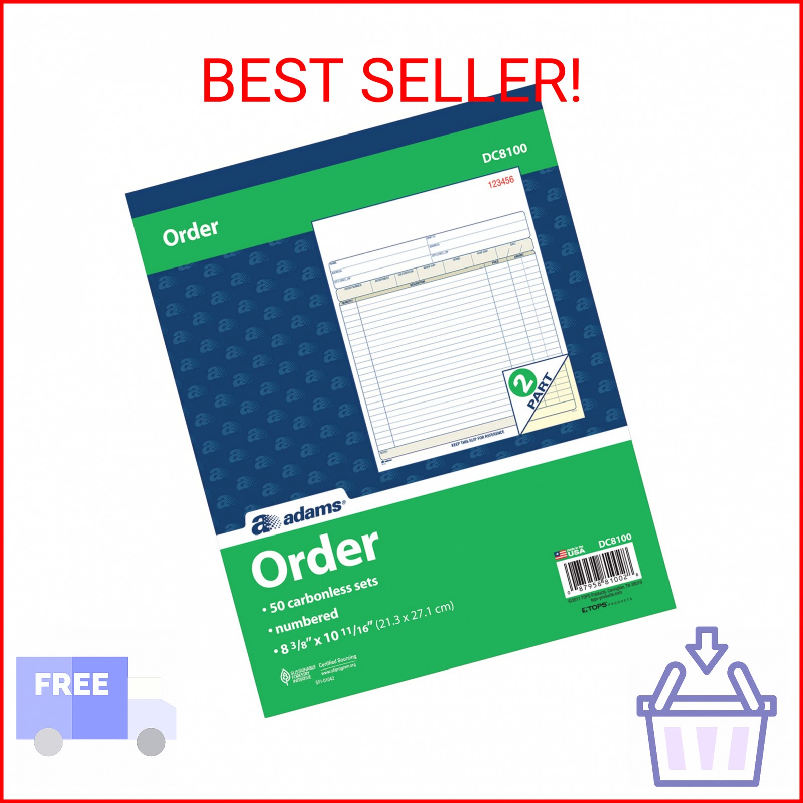Adams Order Book, 2-Part, Carbonless, White/Canary, 8-3/8 x 10-11/16 Inches, 50