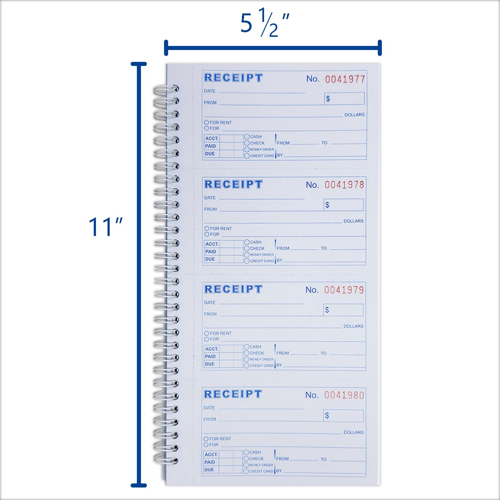 Money Rent Receipt Book 2-Part Carbonless 5-1/2 x 11 Inch Spiral 200 Sets