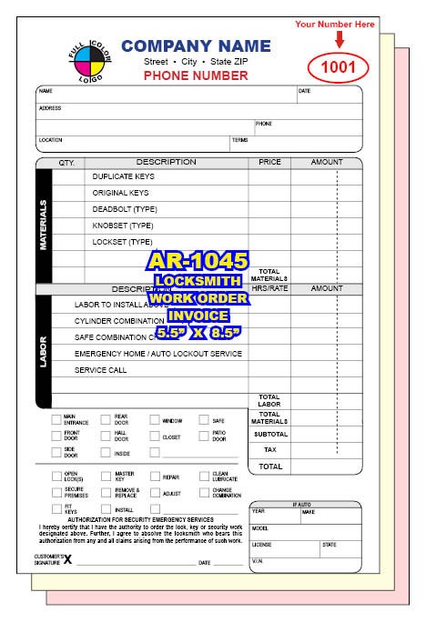 LOCKSMITH INVOICE WORK ORDERS CUSTOM PRINTED 2 or 3 Part CARBONLESS