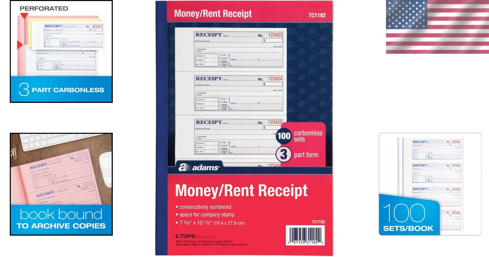 Efficient Money and Rent Receipt Book, Carbonless, Personalization Space, 7-5/8″