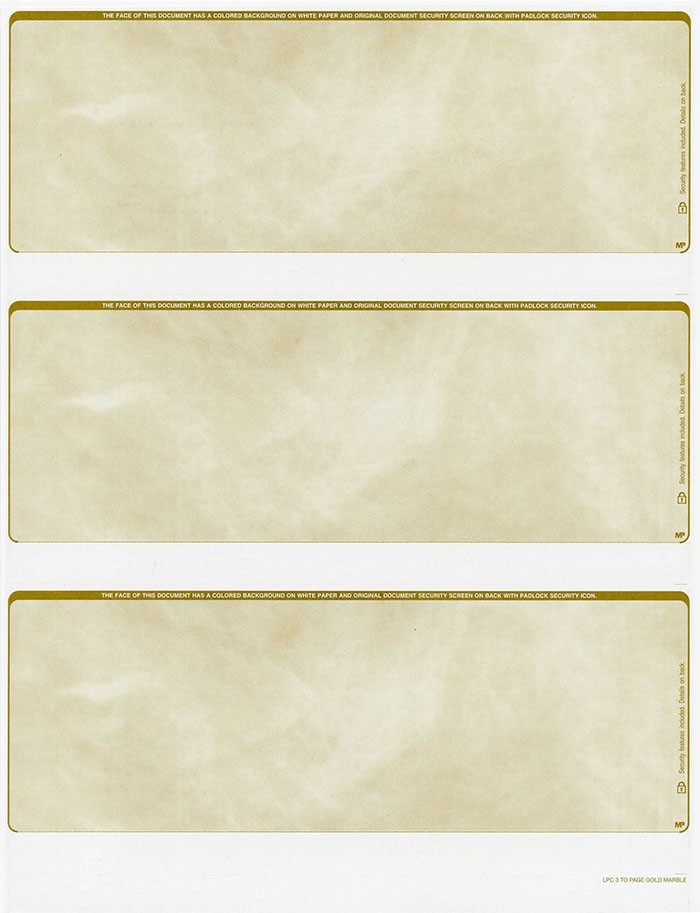 300 checks Blank Security Check Stock Paper – 3 Per Page – (Marble Gold)
