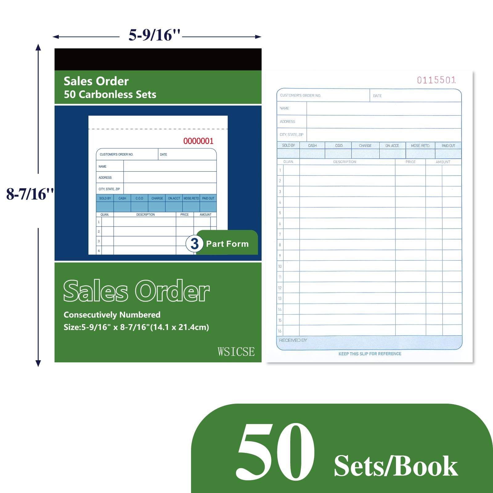 Sales Order Book 3-Part Carbonless 50 Sets White Yellow Pink Receipt 5.56×8.44in