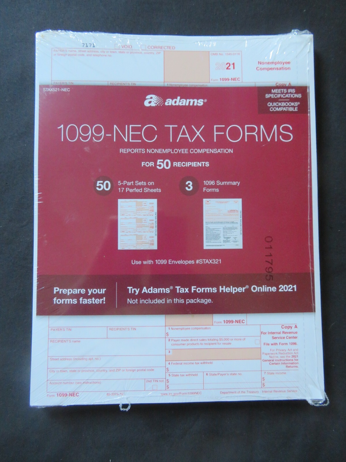 2021 Adams 1099-NEC Tax Forms 50 5-Part Sets 3 1096 Summary Forms