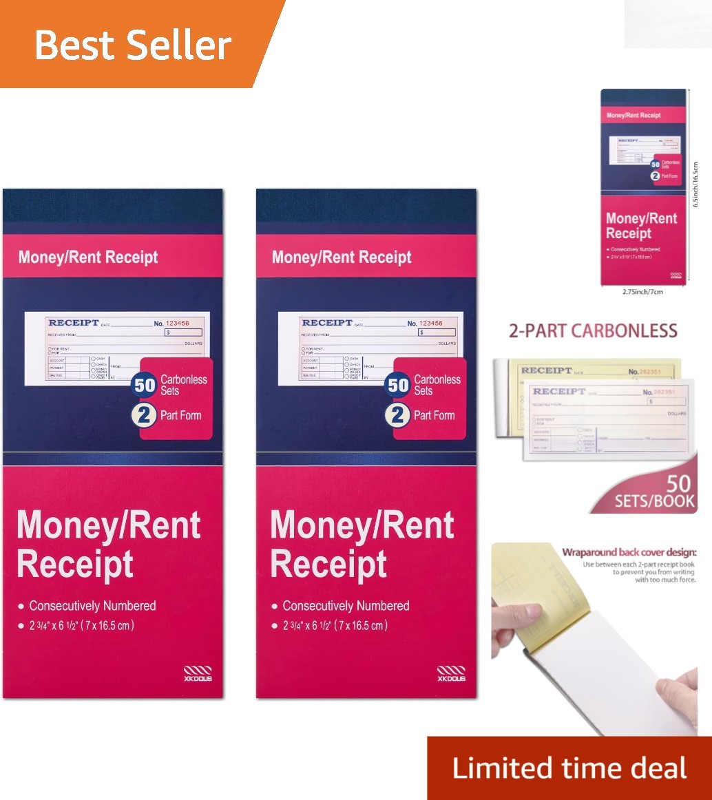Compact 2-Part Money and Rent Receipt Books – 50 Sets, Ideal for Businesses
