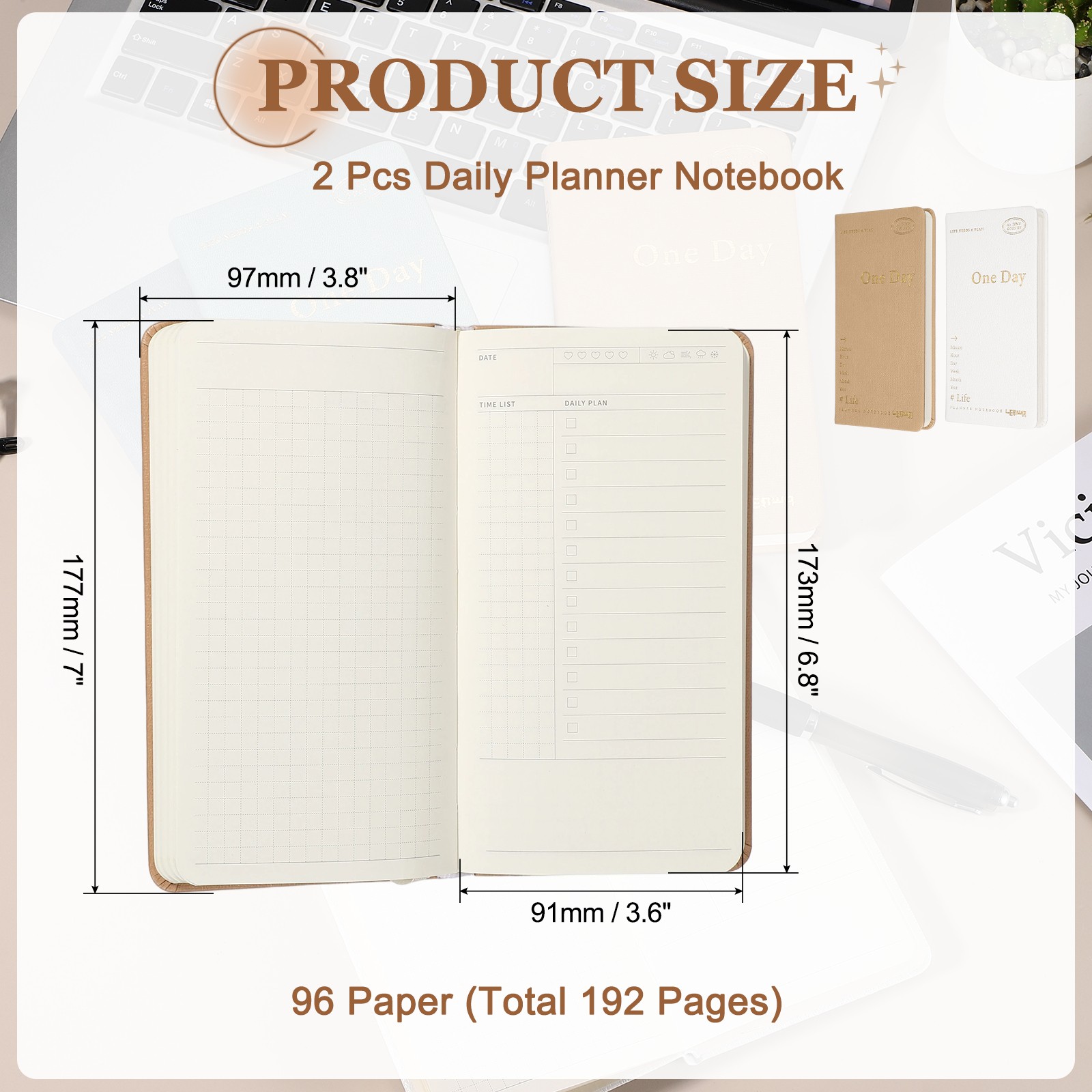 2Pcs Daily Planner Notebook, 7 x 3.8″ to Do Notebook, Brown, White