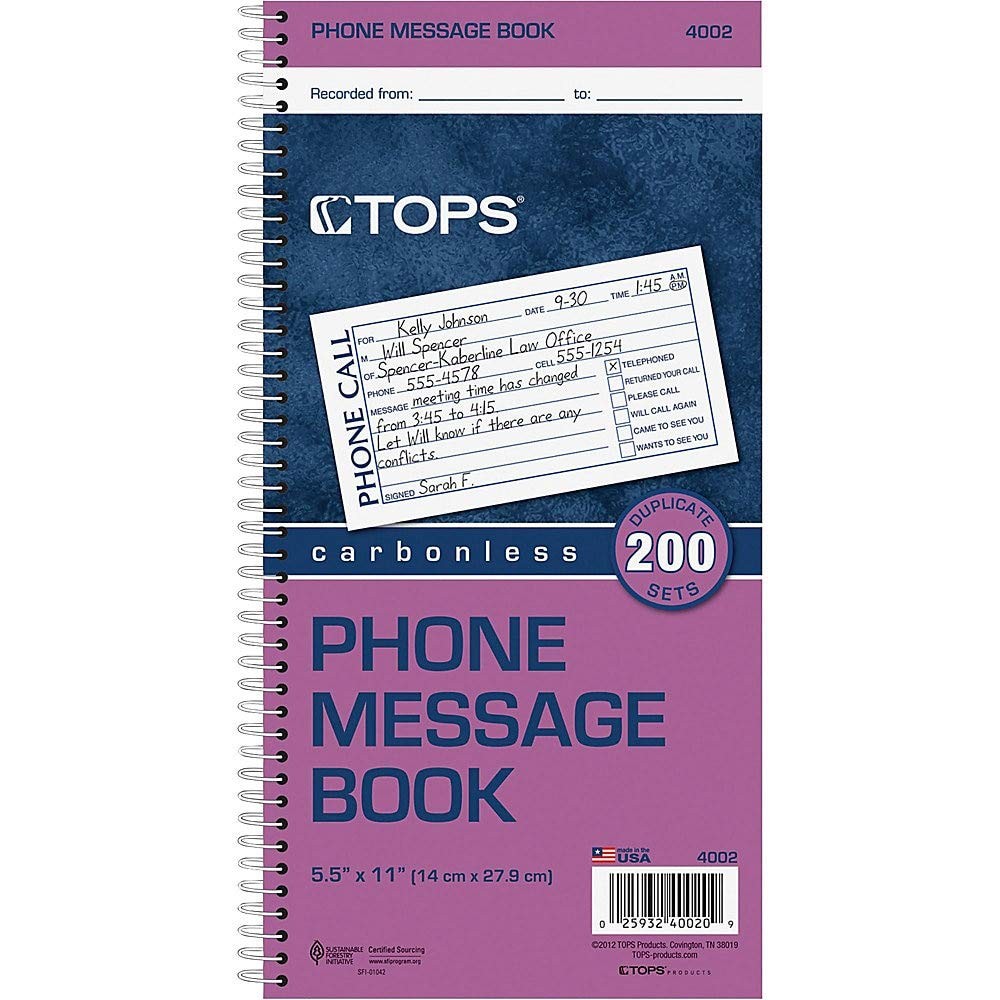 TOPS Phone Message Book, Carbonless Duplicate, 4 Messages per Page, 200 Set per