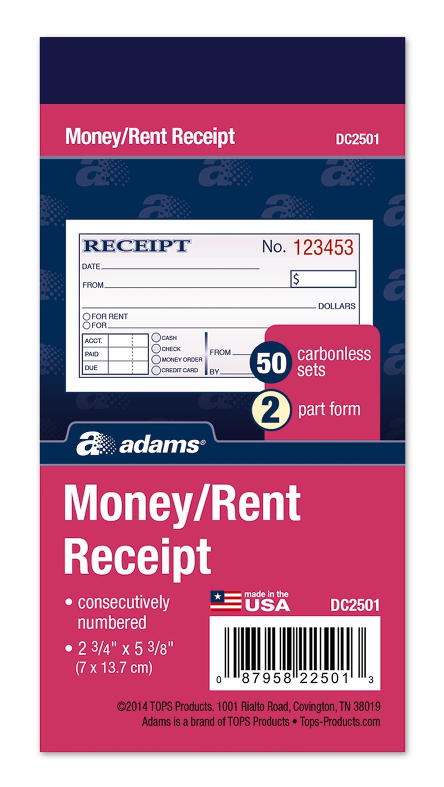 Adams Money and Rent Receipt, 2-3/4 x 5-3/8 Inches, 3 Books, White/Canary