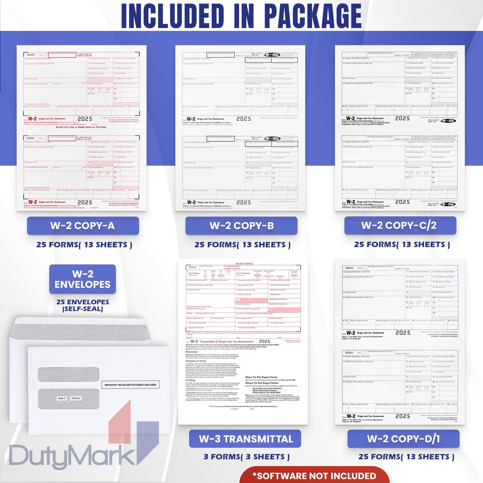W2 Forms 2025 with Envelopes, 4 Part Kit for 25 Employees 25 With Envelopes