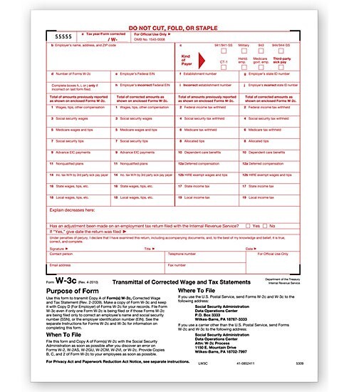 TF5309 Laser W-3C Transmittal of Corrected Income 8 1/2 x 11″ QTY 5 forms