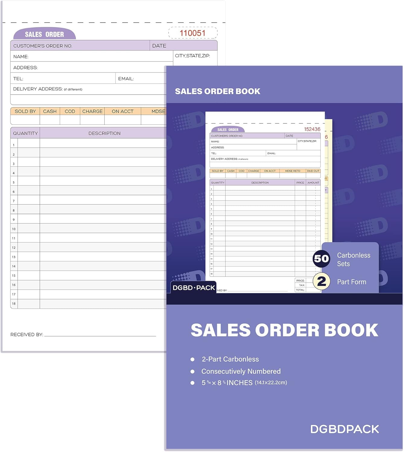 Sales Order Book 1 Pack, 2 Part Carbonless Invoices, White/Canary, 5-9/16 X 8-3/