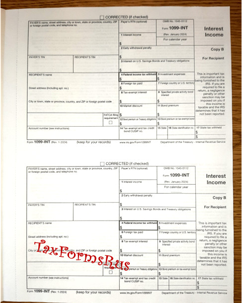 Official IRS Tax Form 1099-INT single sheet set for 2 recipients NON-carbonless