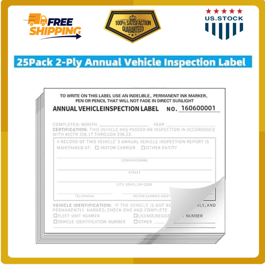 Annual Vehicle Inspection Report Form and Label 25 Pack 3 Layer Inspection Forms