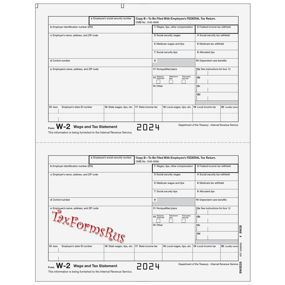 2024 IRS Tax Form W-2 Wage Stmts LASER single sheet set for 2 employees, 6-part