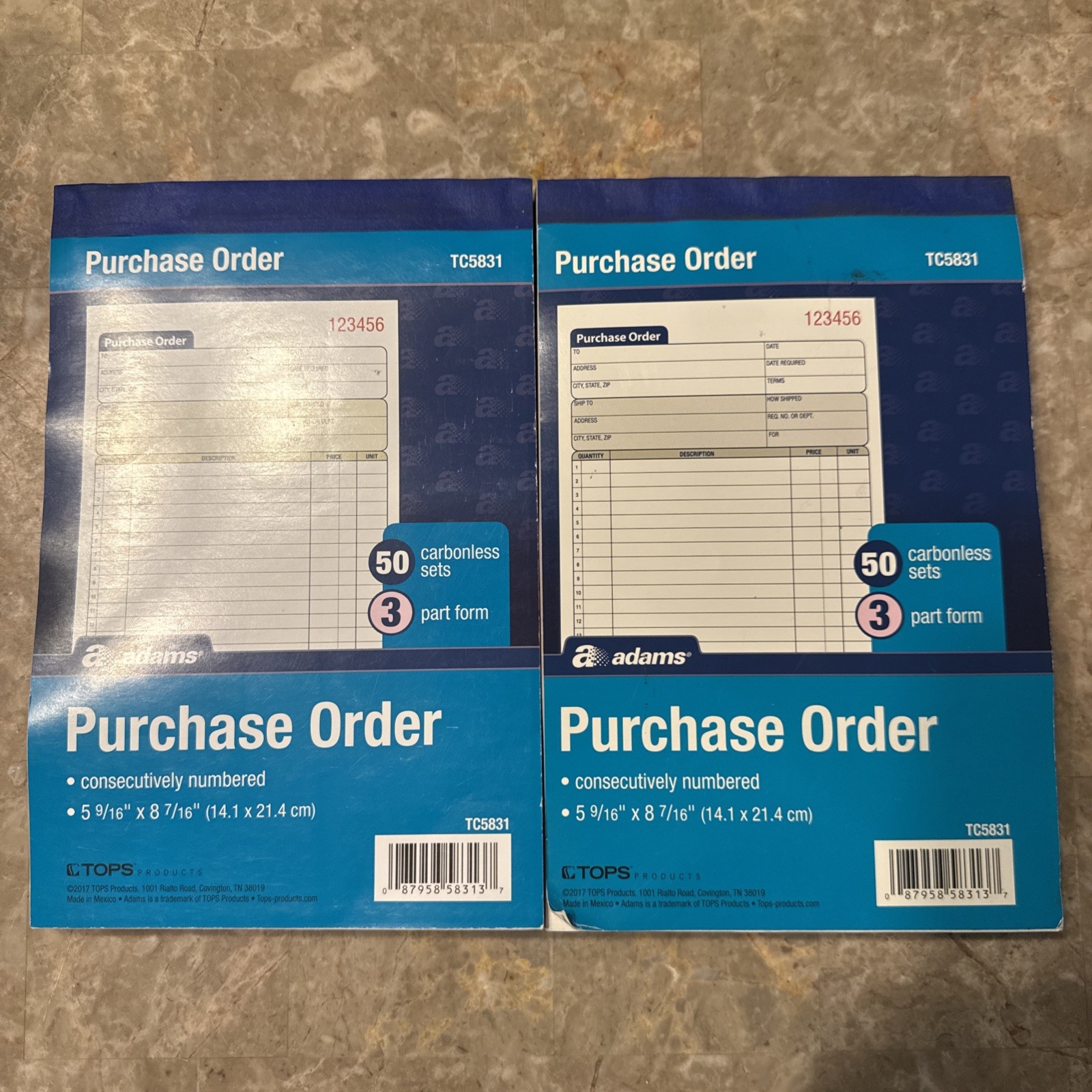 TWO Adams TC5831 Purchase Order Book 3 Part 50 Sets 5-9/16 x 8-7/16″