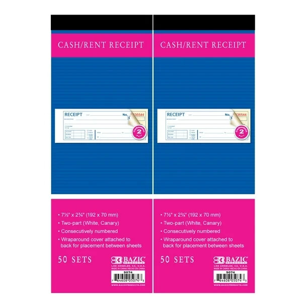2 PACK BAZIC Cash Receipt Book, 50 Sets 7 1/2″x2 3/4″ 2-Part Carbonless