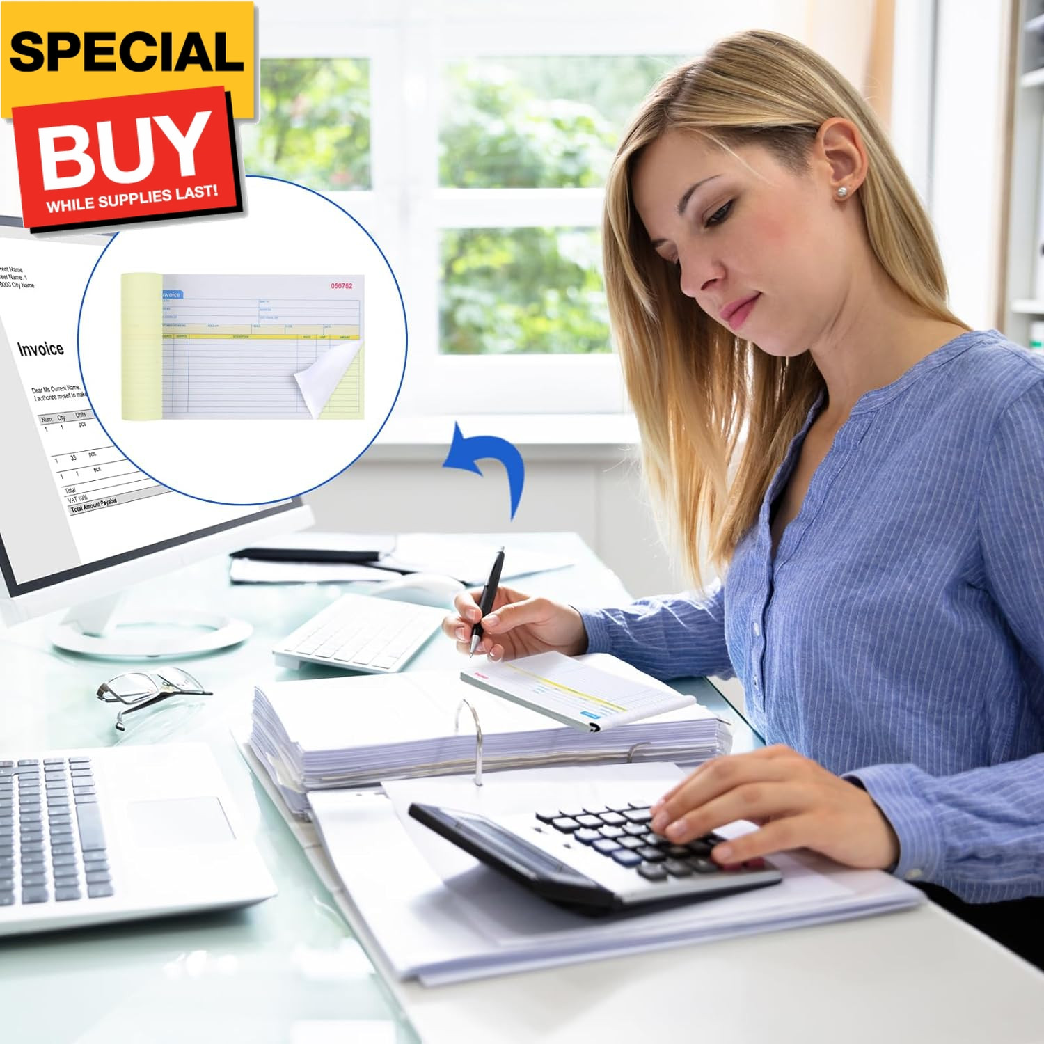 2 Packs Invoice Book for Small Business 2-Part Carbonless, 5-1/8”x7-29/32” Recei