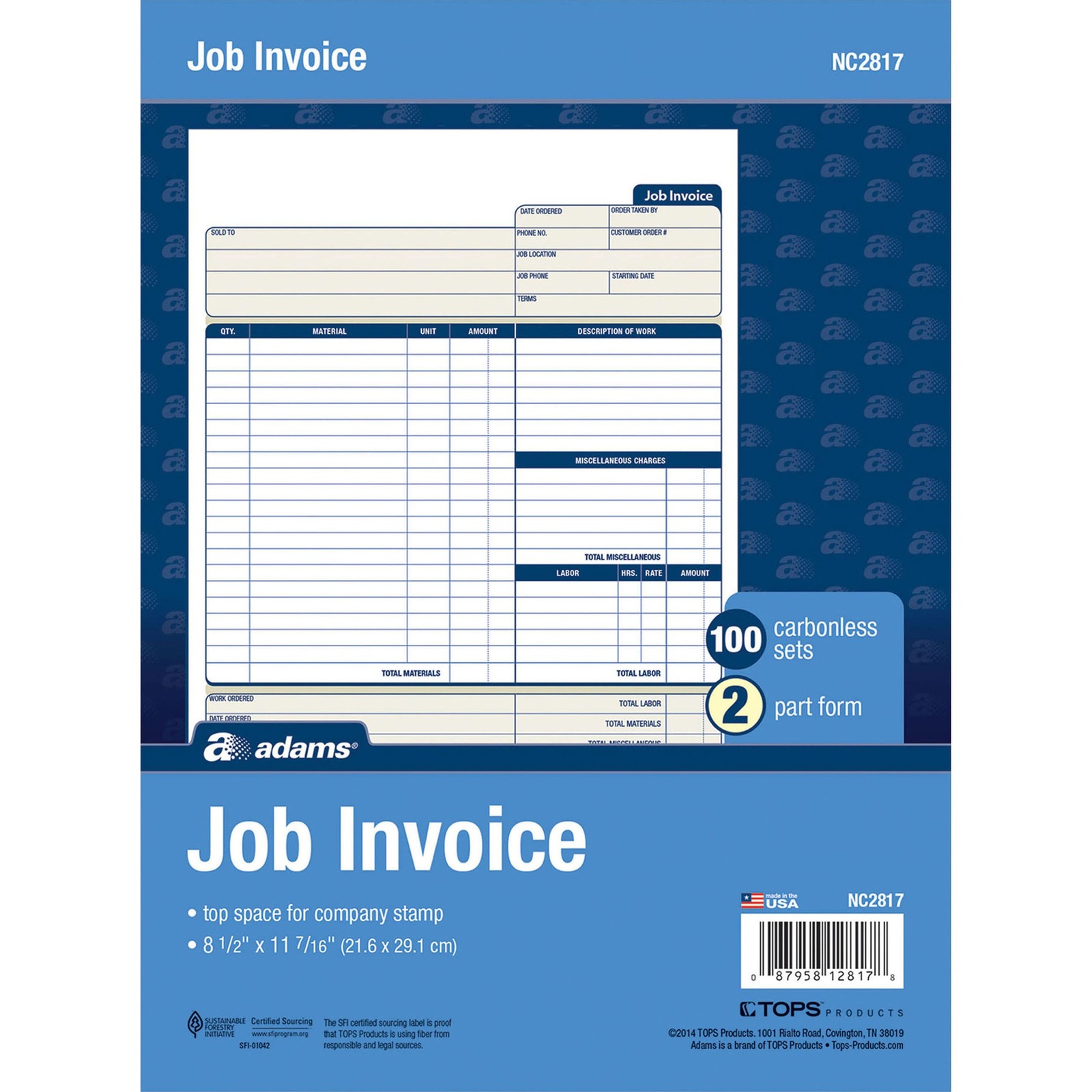 Adams NC2817 Contractor Form 100 Sheets 2-Part Carbonless 8.5×11
