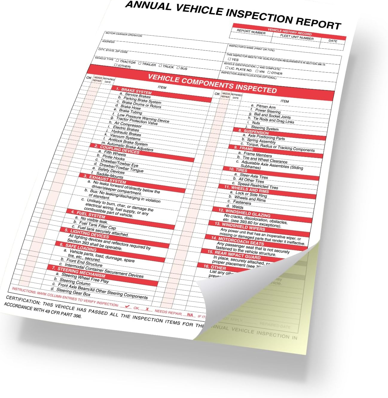 Annual Vehicle Inspection Report Form 25-Pk 3-Ply Carbonless, 8.5″ X 11.75″ +…