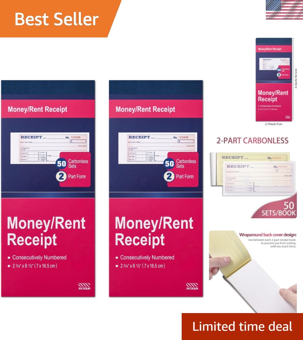 2 Pack Money and Rent Receipt Book, 2-Part Carbonless, 2-3/4″ x 6-1/2″ Receip…
