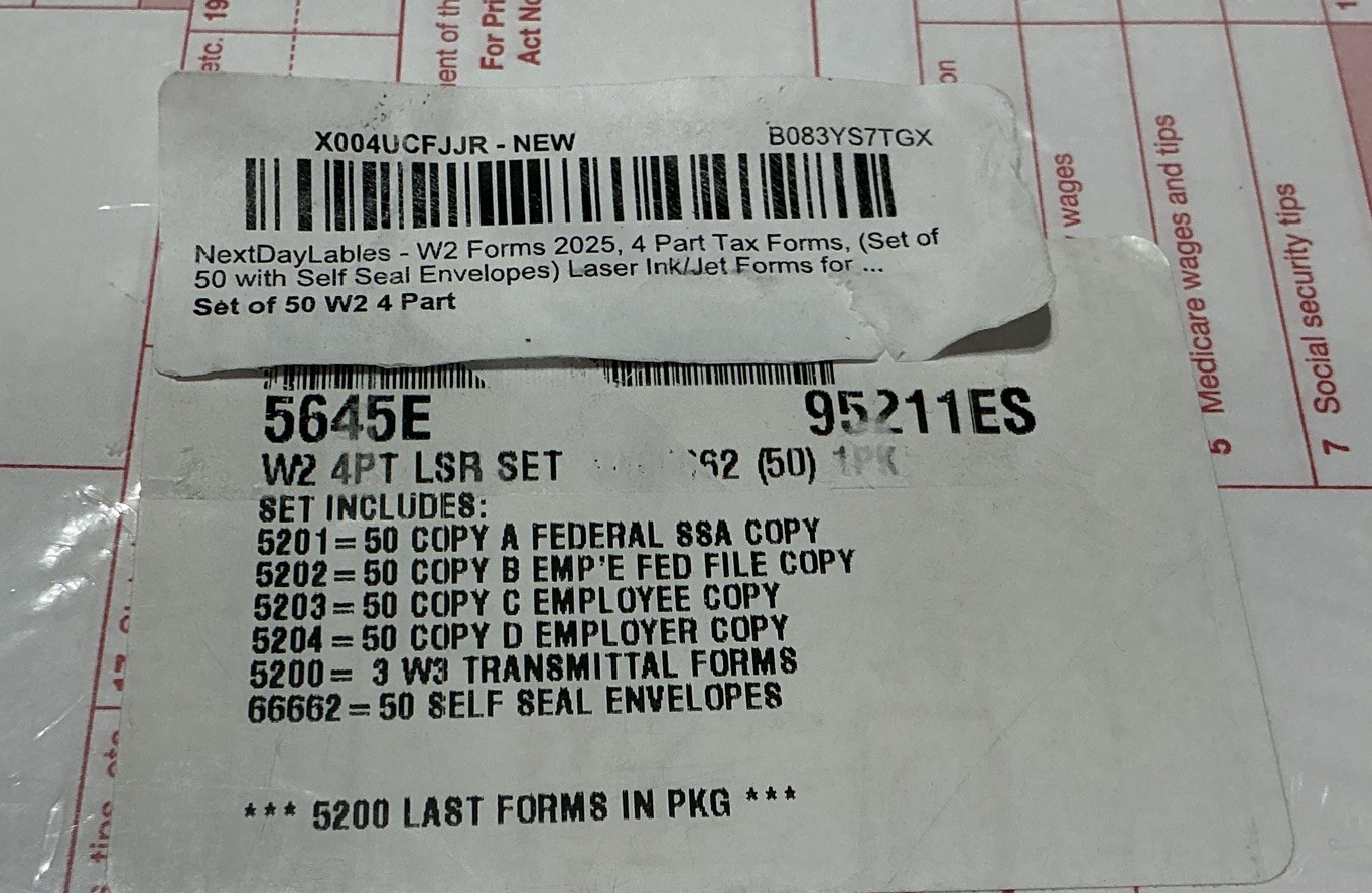 2025 Misc Tax Forms W2s, Several 5200 Series with Envelopes. Laser Forms In Pkg.