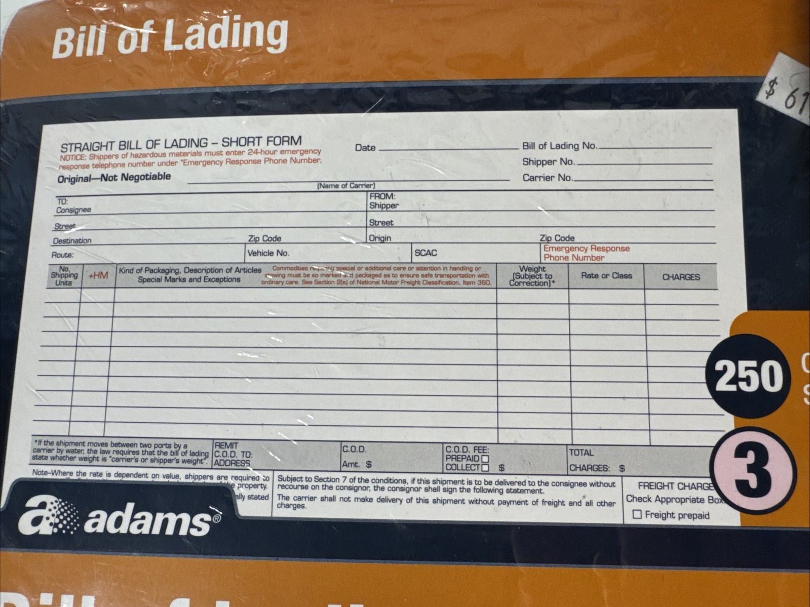 Adams Bill of Lading Short Form, 8-1/2 x 7-7/16 Inches, White, 3-Part, 500-Count