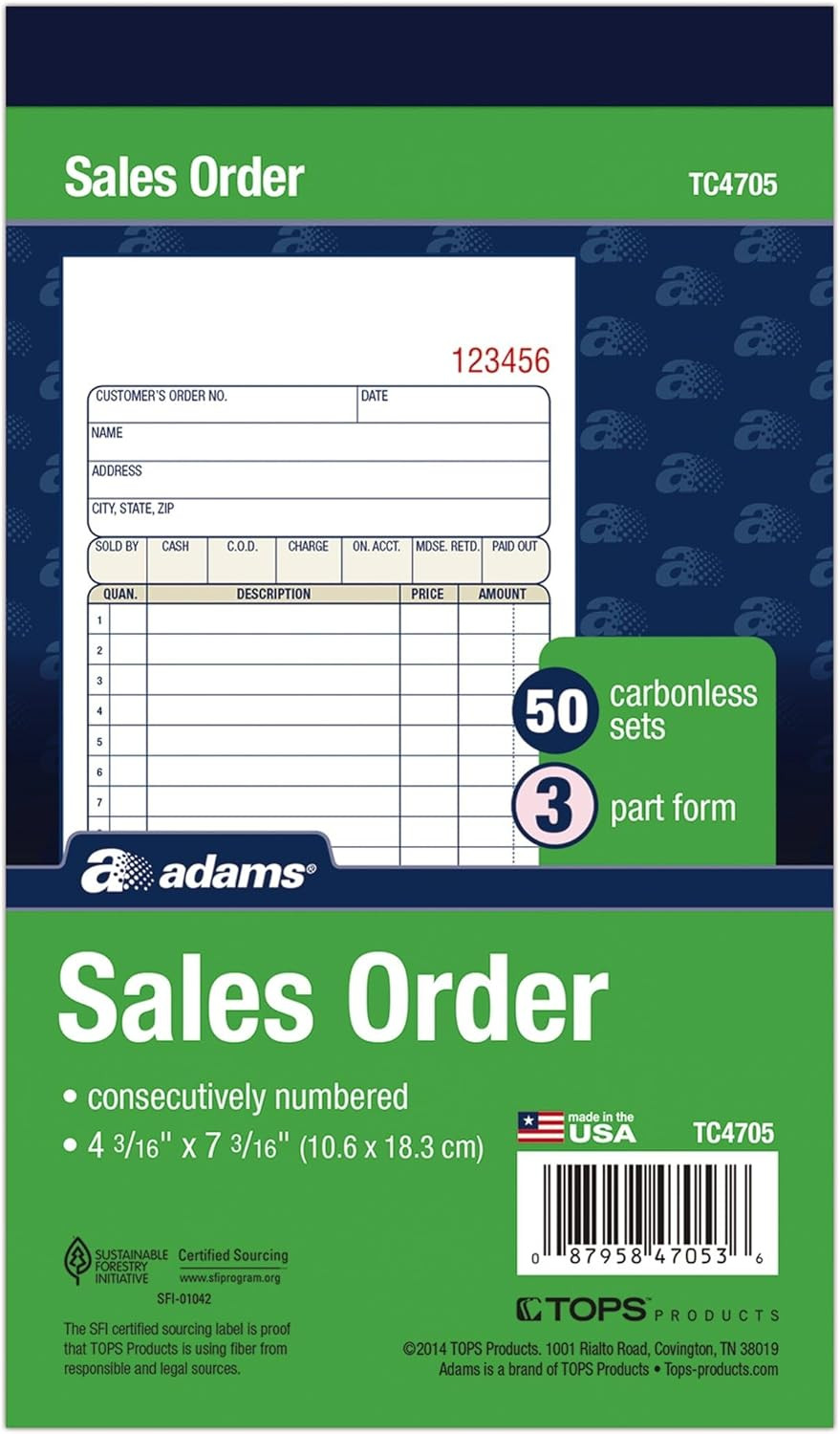 Sales Order Book, 3-Part, Carbonless, 4-3/16″ X 7-3/16″ Inch, 50 Sets, White, Ca